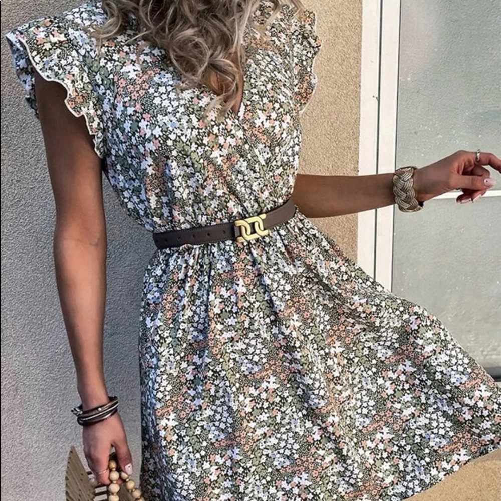 Floral Ruffle Trim Plunging Neck Dress
